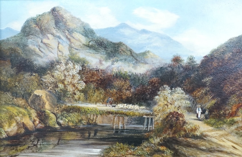19th century School, Riverscape with flock of sheep, unsigned, oil on canvas laid on board, 29 x 45cm, ornate gilt frame